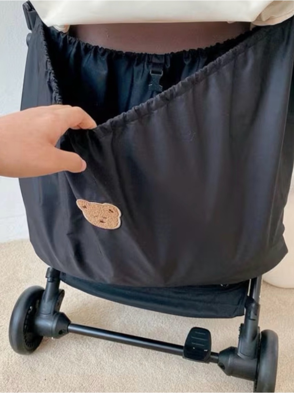 Black Stroller Storage Pocket with Teddy Patch